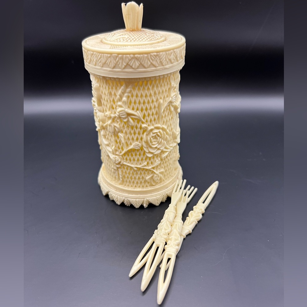 Vintage Carved Celluloid Container w/ Lid & Cocktail Forks - Rose Design